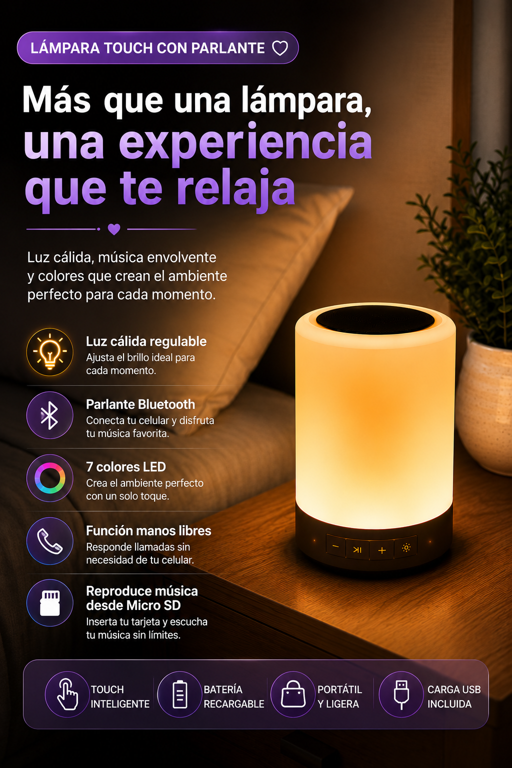 Lámpara de Noche Recargable 2 en 1